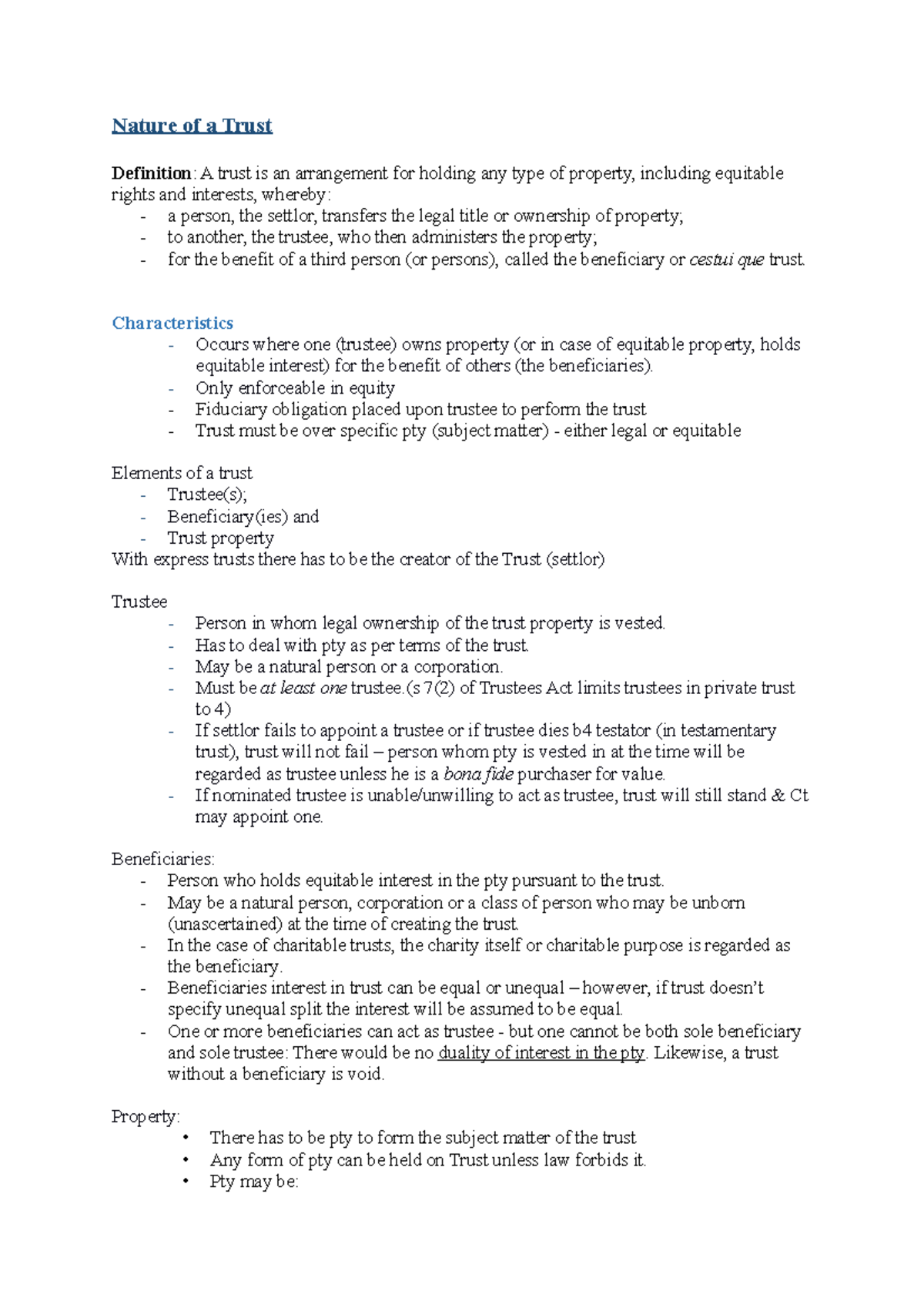 EXAM Notes - Comprehensive Summary on Trusts (LAW101) - Studocu