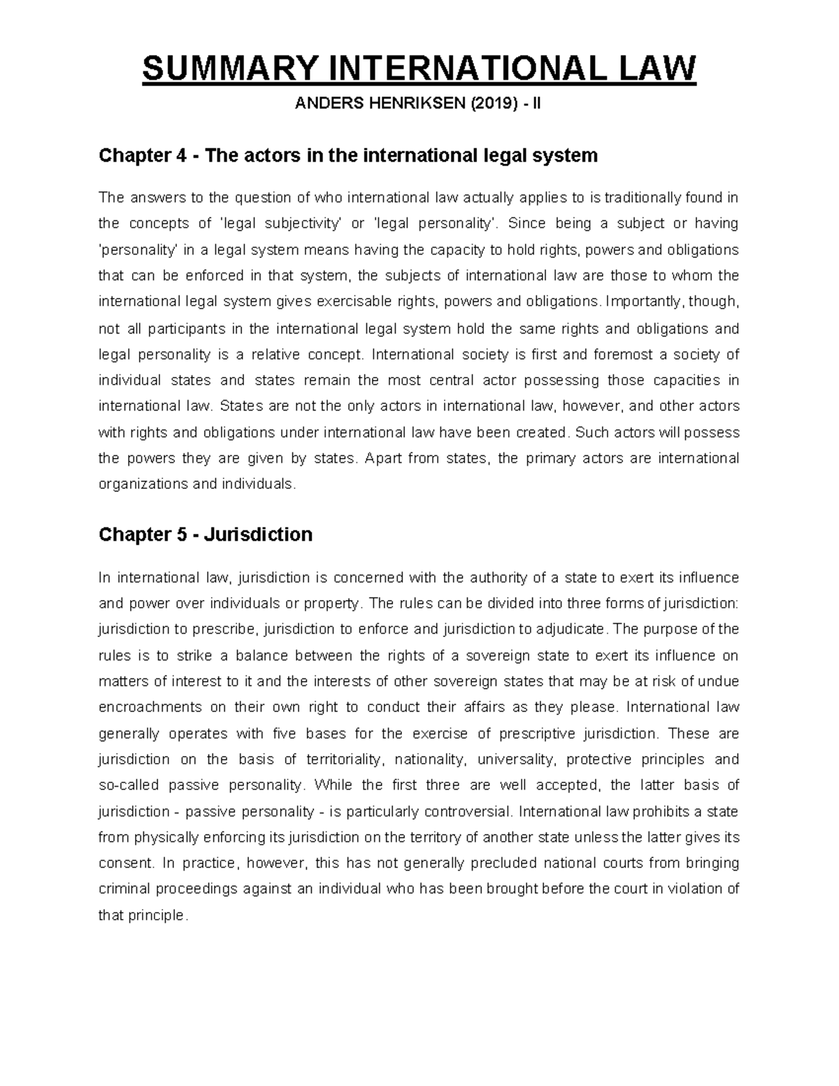 Summary of International Law - Henriksen (2019) - Chapter 4-6 - Studeersnel