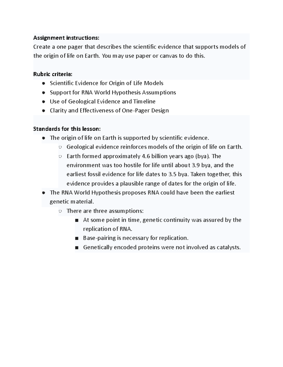 Gr. 12 Assignment: Scientific Evidence for Origin of Life Models - Studocu