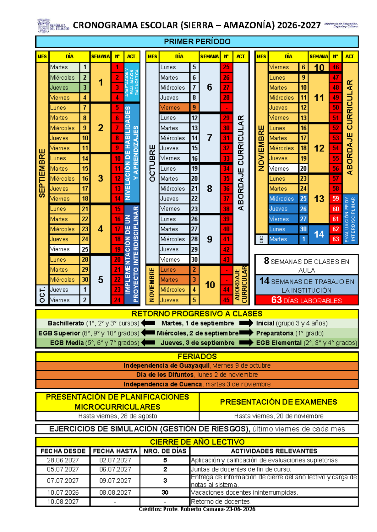 CRONOGRAMA ESCOLAR SIERRA AMAZONÍA 2026-2027 PRIMER Y SEGUNDO PERÍODO - Document Preview