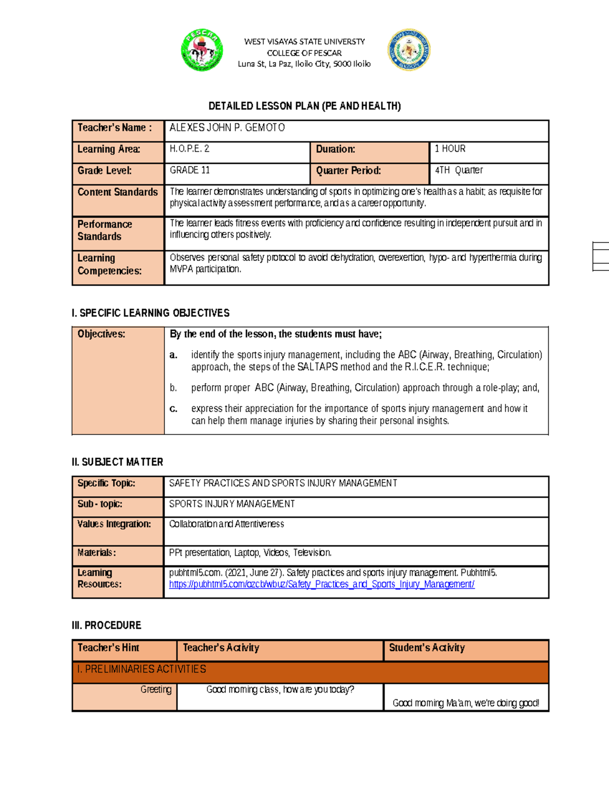 DLL Final Demo Lesson Plan for PE & Health (H.O.P.E. 2) - Grade 11 ...