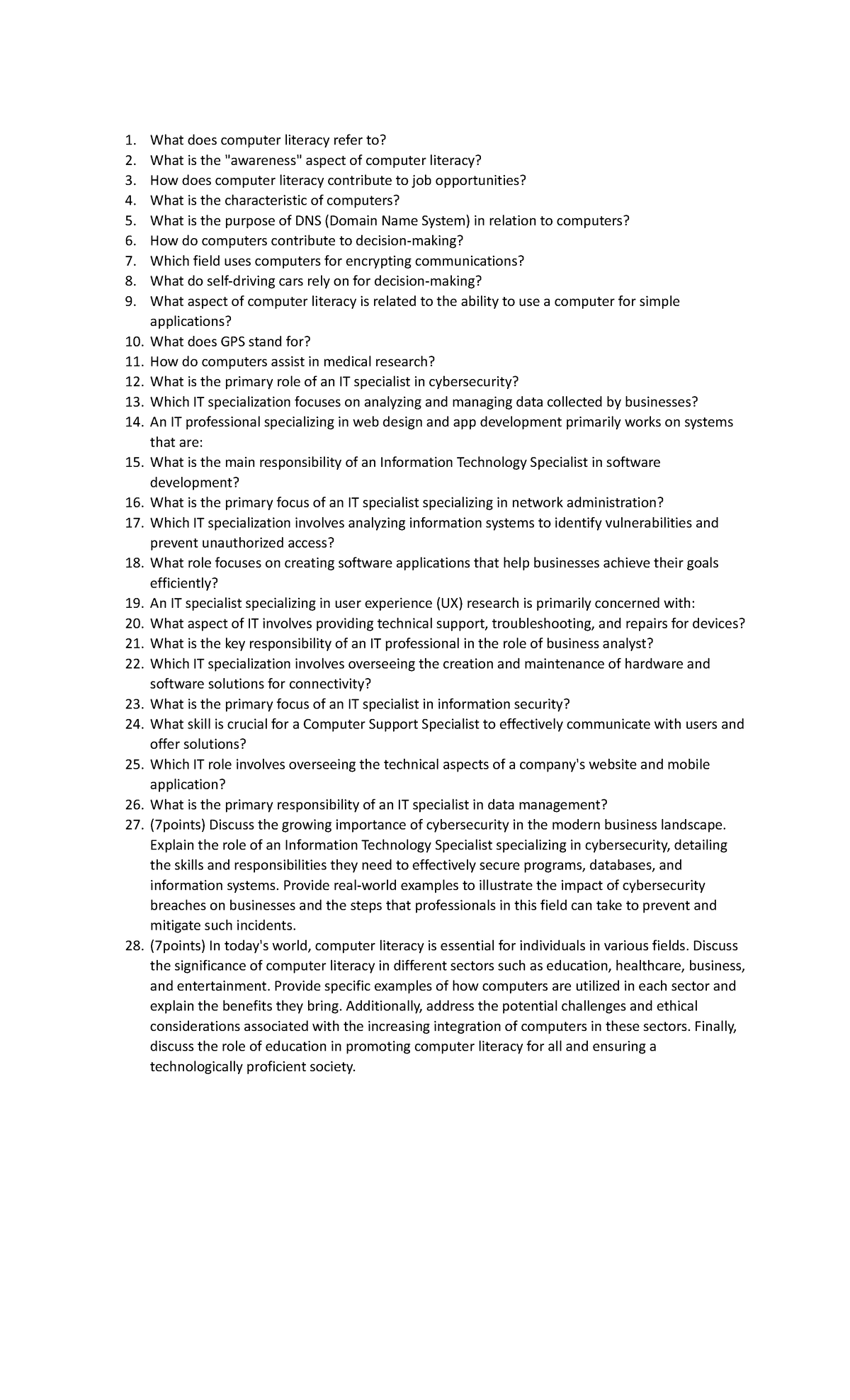 CC101 Long Quiz: Understanding Computer Literacy and IT Specializations ...
