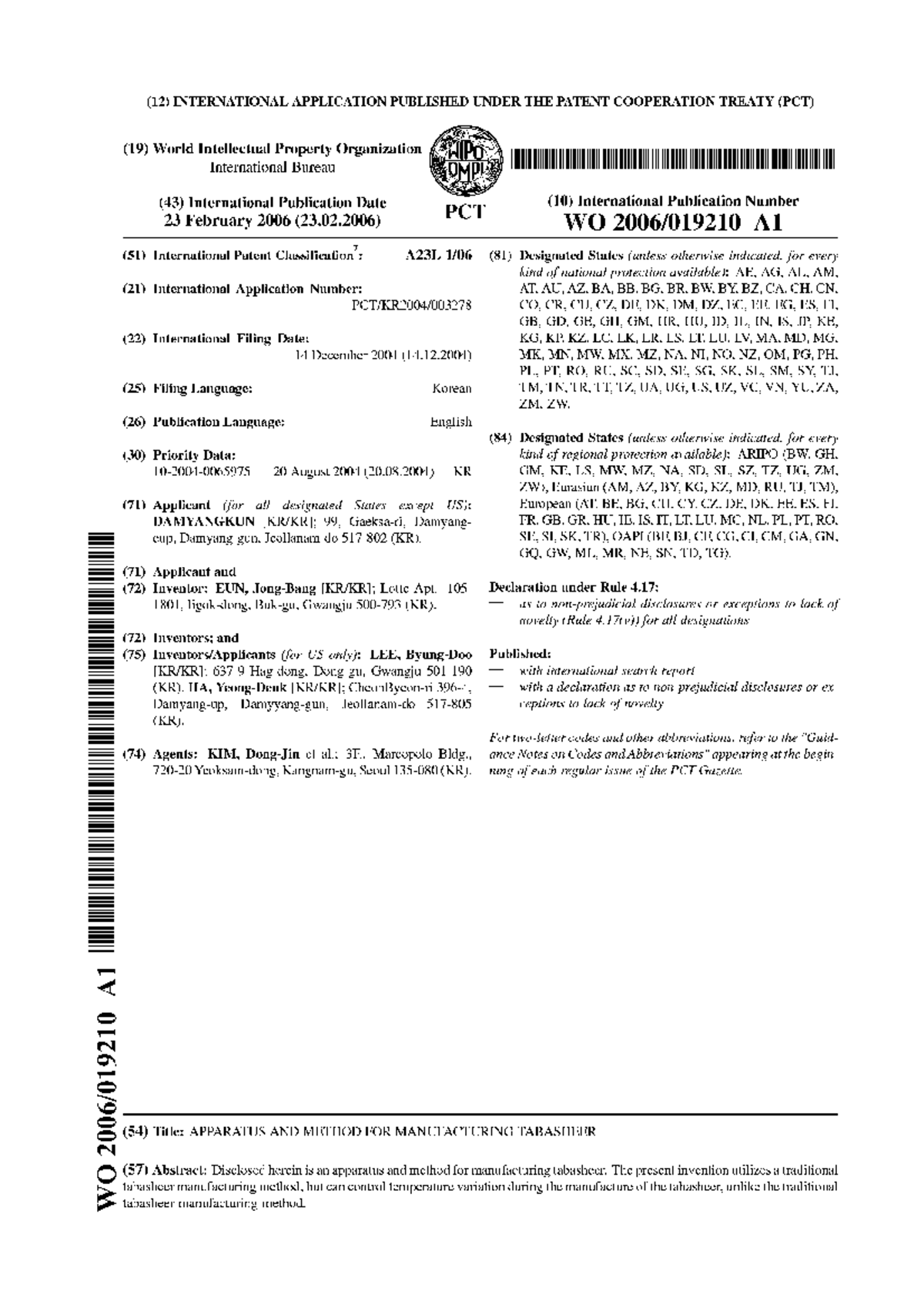 (12) PCT Patent Application: Apparatus & Method for Tabasheer ...