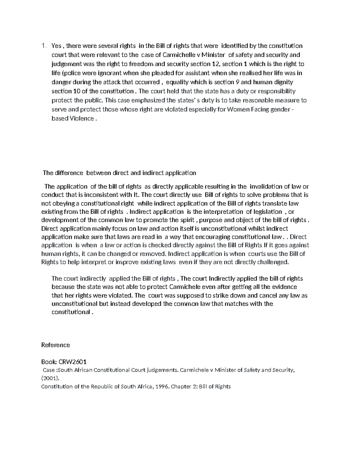 CRW2601 Case Study: Carmichele v Minister of Safety and Security - Studocu