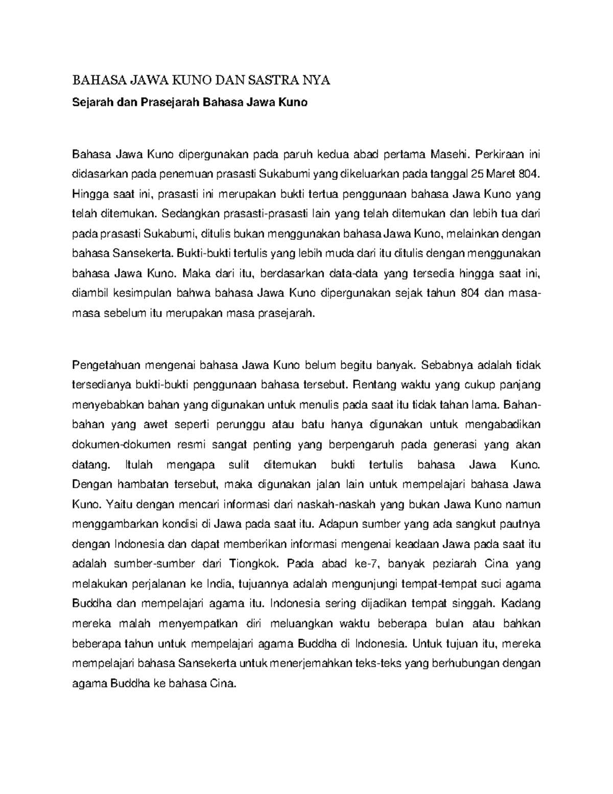 Kajian Bahasa JAWA KUNO dan Sastra: Sejarah serta Perkembangannya - Studocu