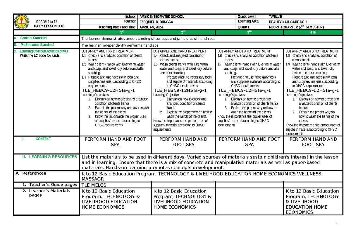 April 1- 5, 2024 - DAILY LESSON LOG - GRADE 1 to 12 DAILY LESSON LOG ...