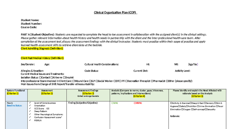 Fall 2023 Clinical Organization Plan (COP) Template for Weeks 1-9 - Studocu