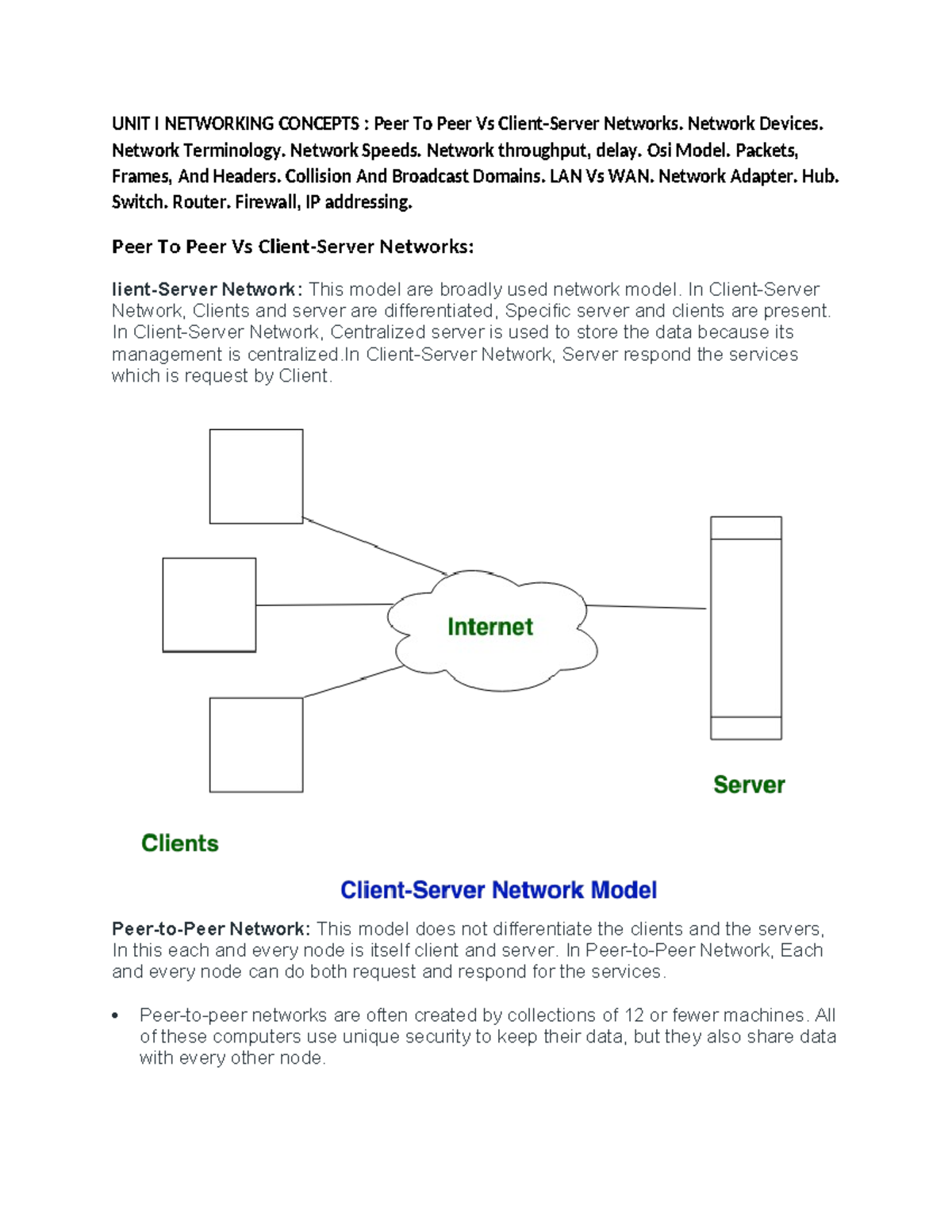 UNIT I Networking Concepts: Peer-to-Peer vs. Client-Server Models, OSI ...