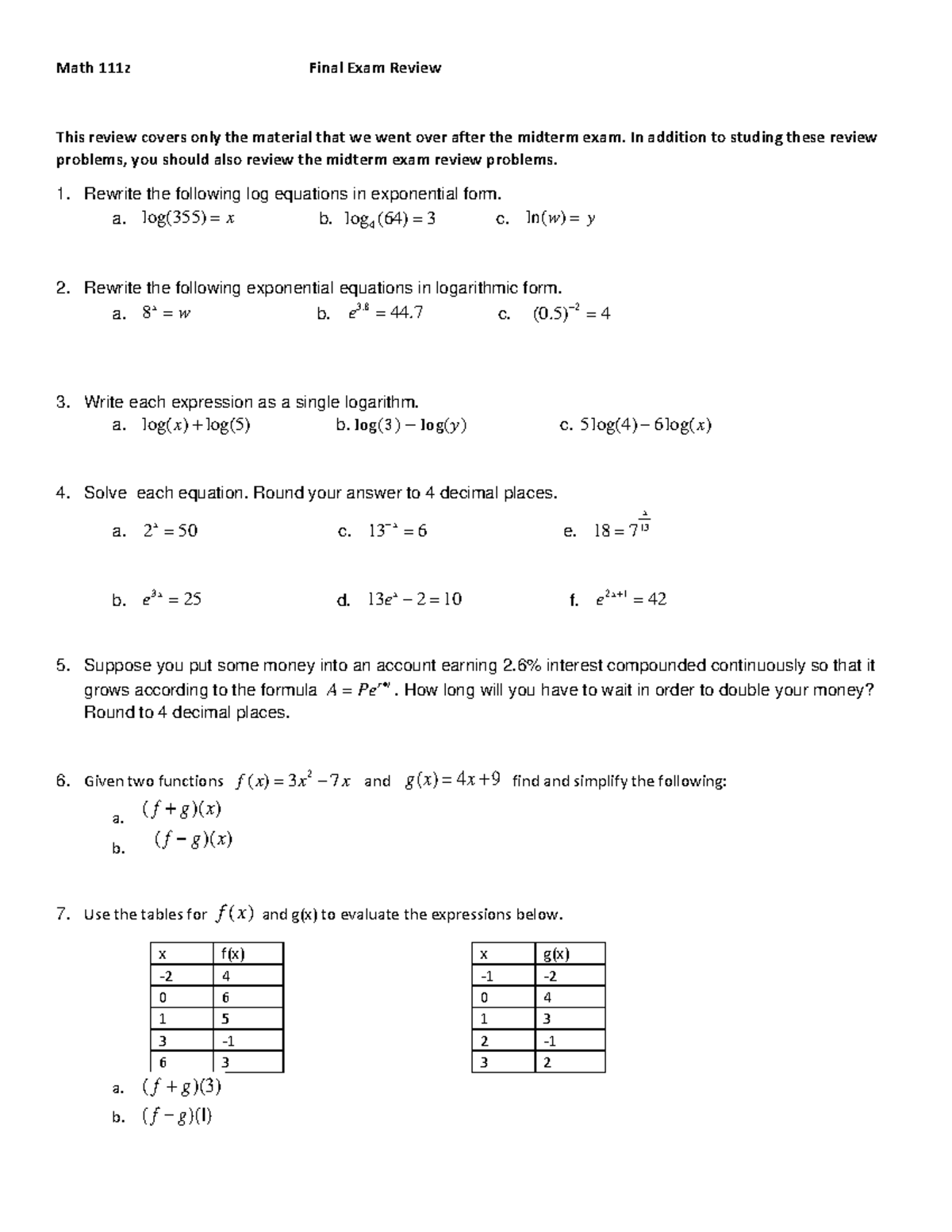 MTH111Z Final Exam Review: Key Concepts and Practice Problems - Studocu