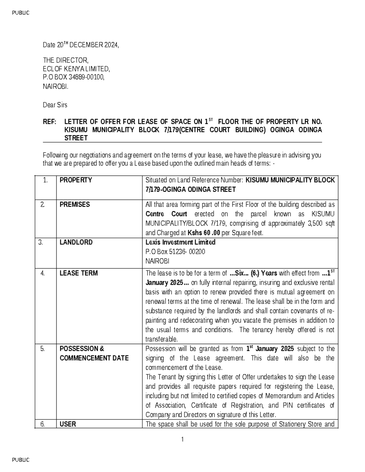 Letter of Offer for Lease - ECL 2024 - Lexis Investments Limited - Studocu