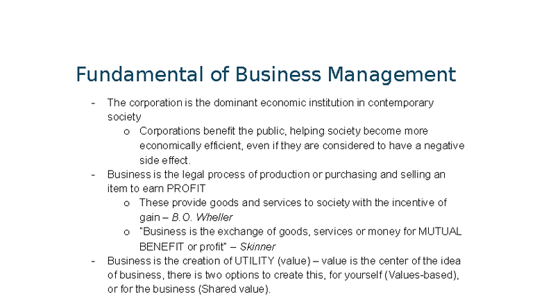 Fundamentals of Business Management (Final Notes) - Studocu