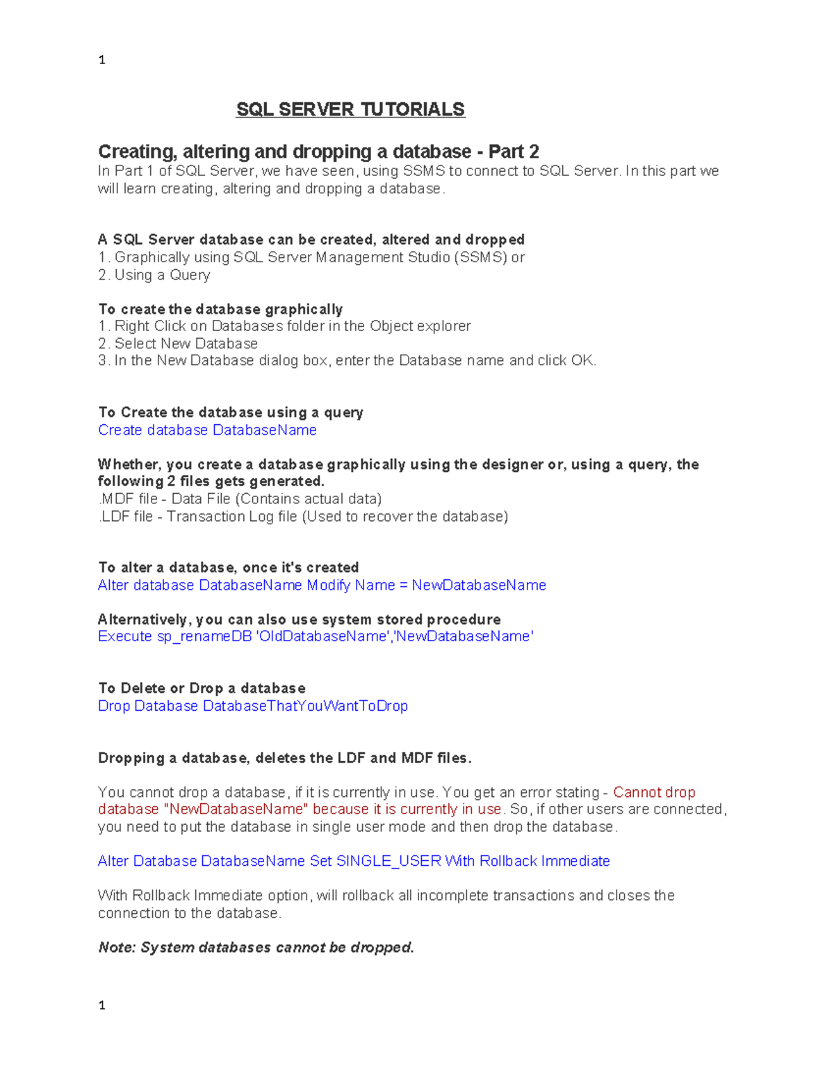 SQL SERVER TUTORIALS: Creating, Altering & Dropping Databases Part 2 ...