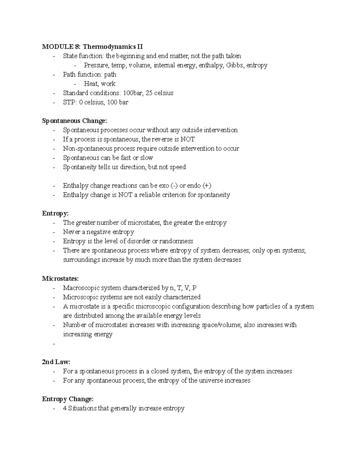 Thermodynamics II (MODULE 8) Review: Spontaneity and Entropy Concepts ...