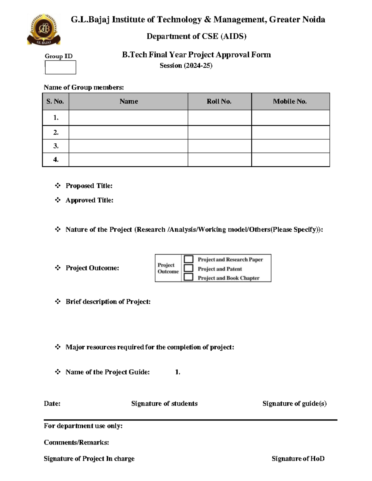 Project Approval Form - Naah - G.L Institute of Technology & Management ...
