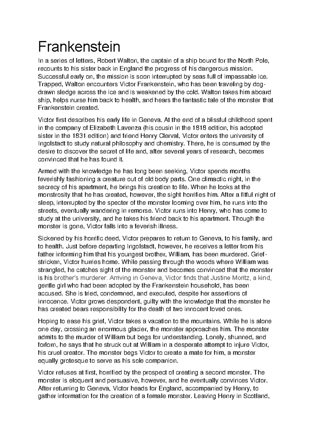 Frankenstein (ENG 101) Summary of Key Plot Points - Studocu
