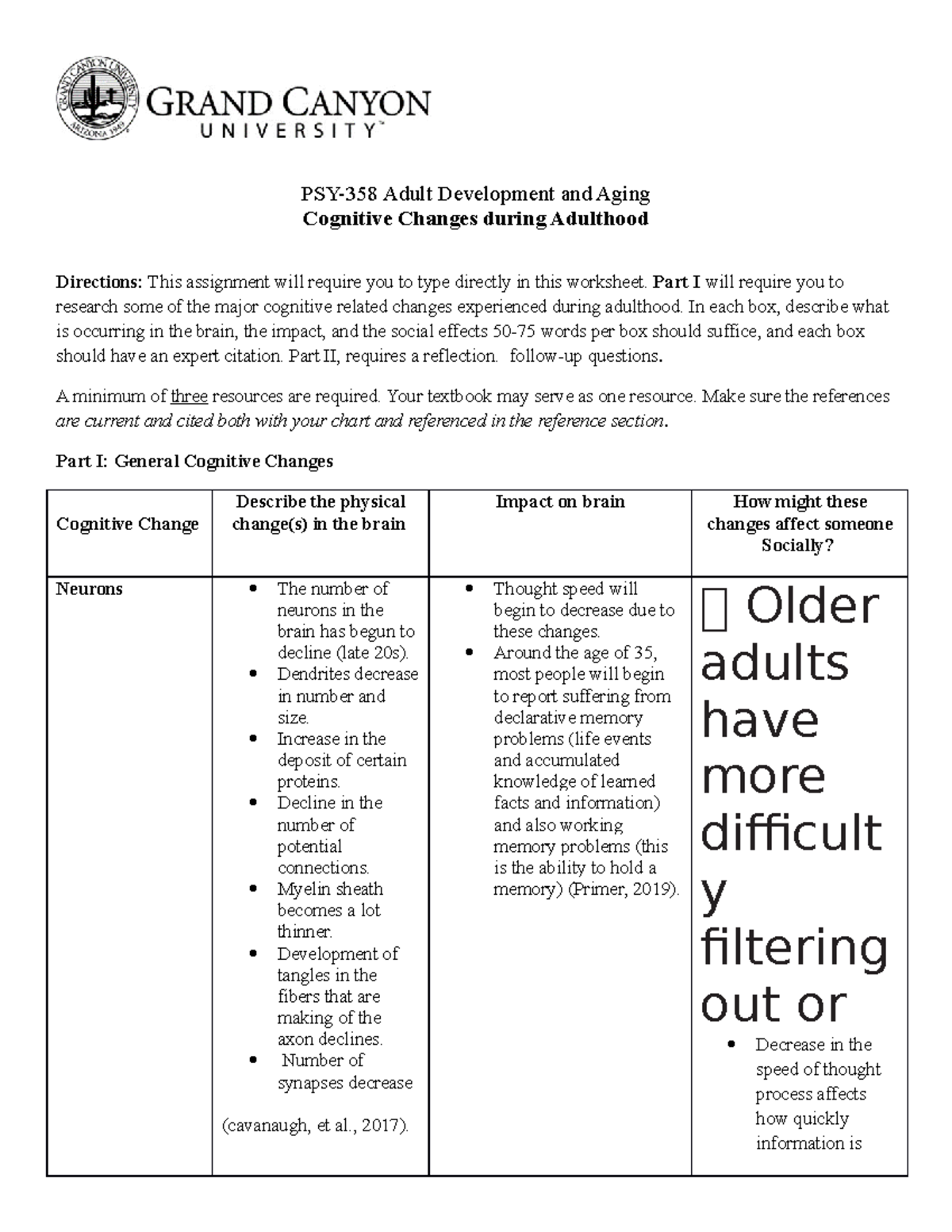 Cognitive Changes Assignment - PSY-358 Adult Development and Aging ...