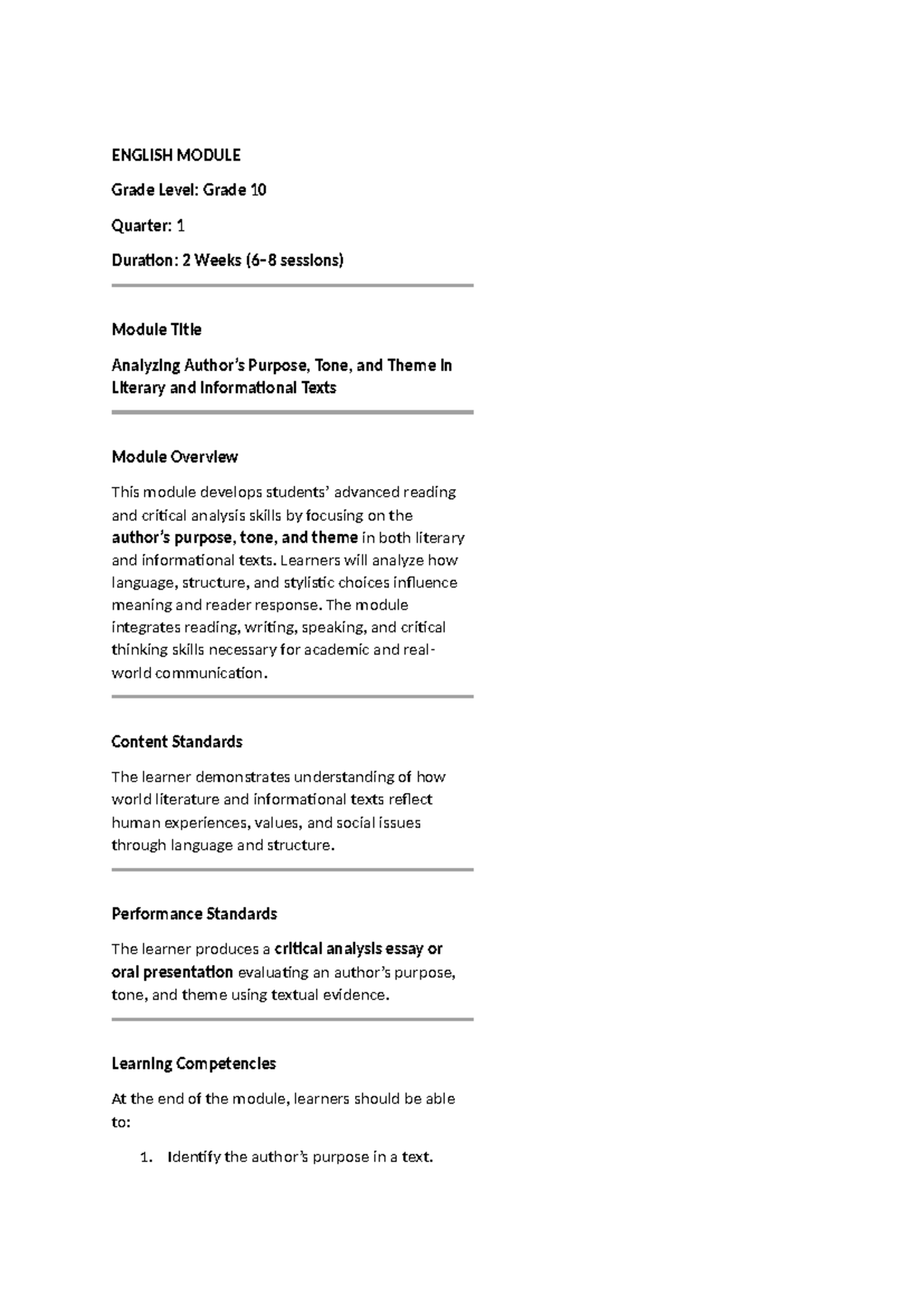 English Module 10 Analyzing Purpose Tone And Theme In Texts Studocu