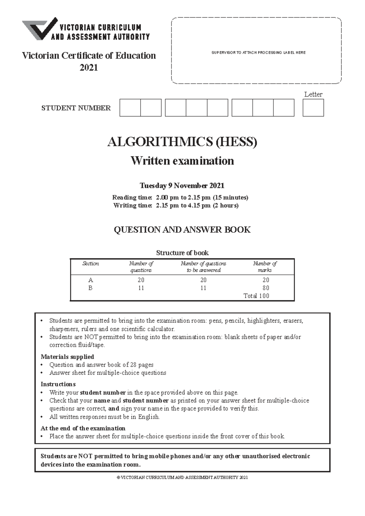 2021 VCE Algorithmics Exam - Supervisor Instructions and Questions ...