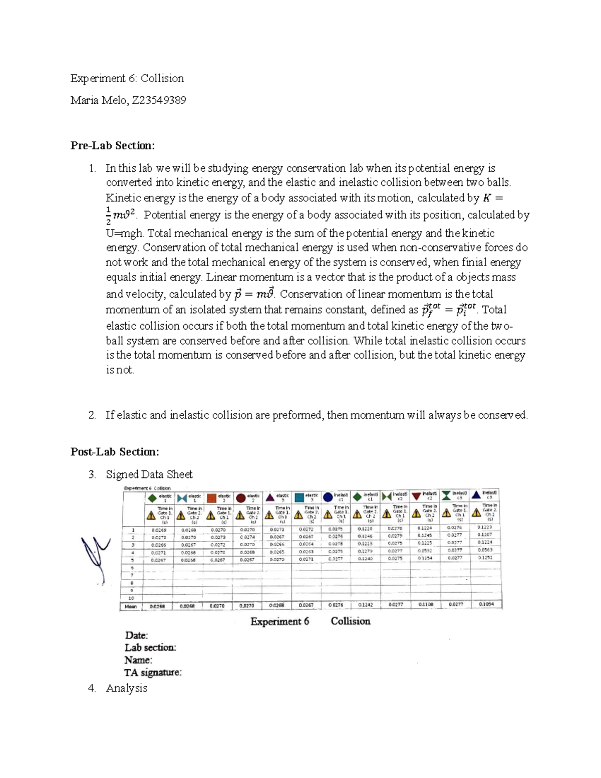 Physics 1 Lab- Experiment 6 Collision Lab Report - Experiment 6 ...