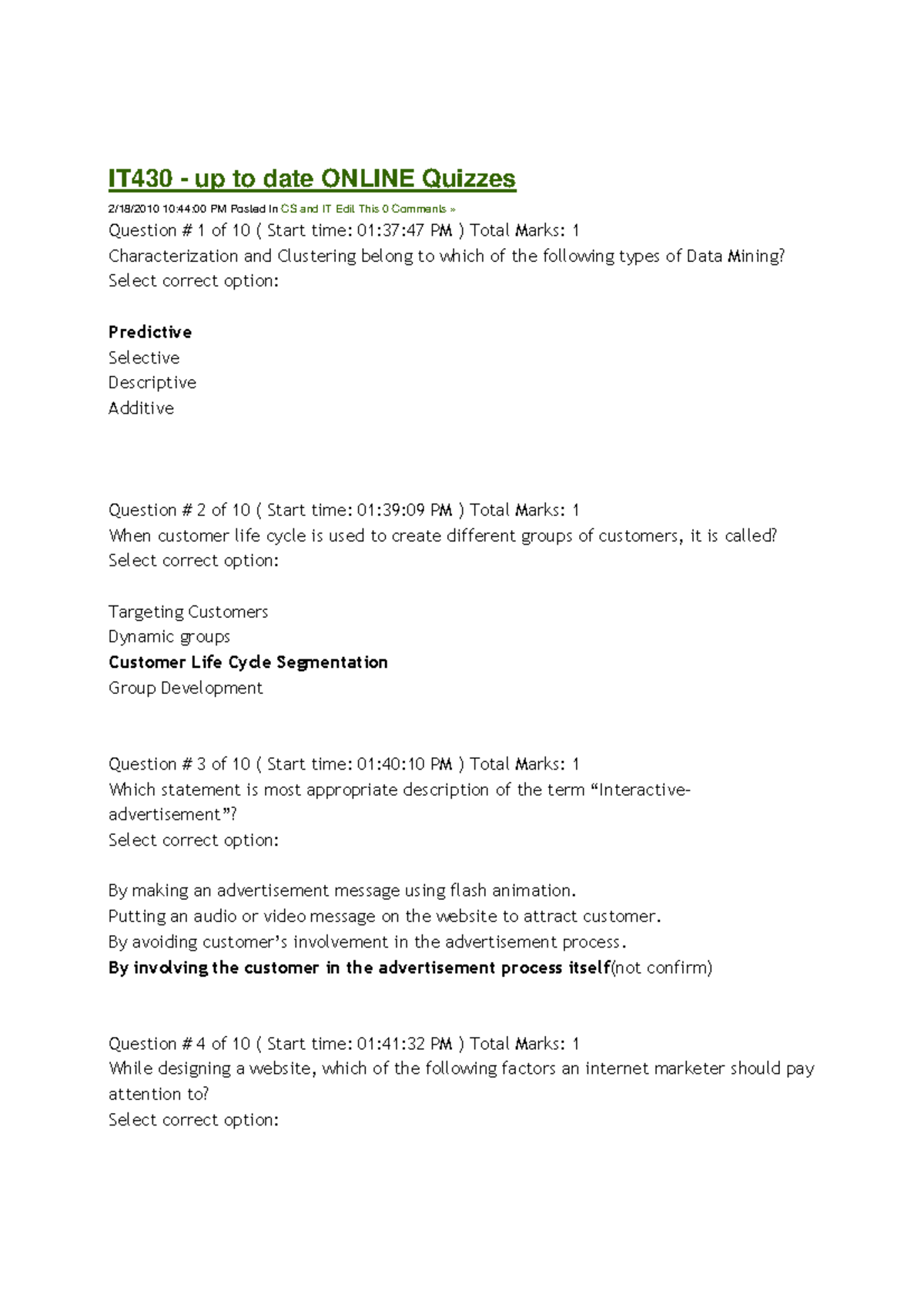 IT430-MCQs-Solved - IT430 EC - IT430 - up to date ONLINE Quizzes 2/18 ...