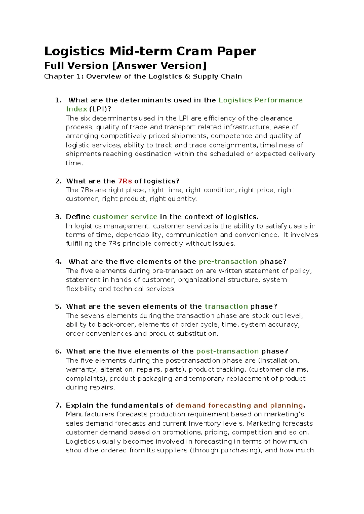Logistics Cram Paper: Chapter 1 Overview & Key Concepts - Studocu