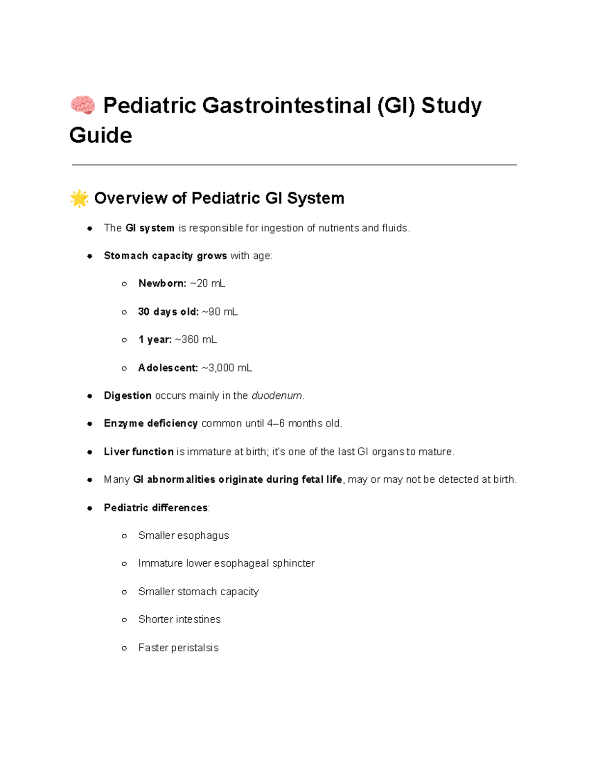 Pediatric GI System Study Guide: Key Concepts and Disorders - Studocu