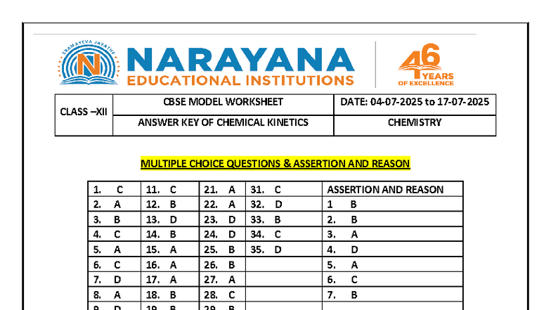 CBSE Chemistry Worksheet: Answer Key for Chemical Kinetics MCQs - Studocu