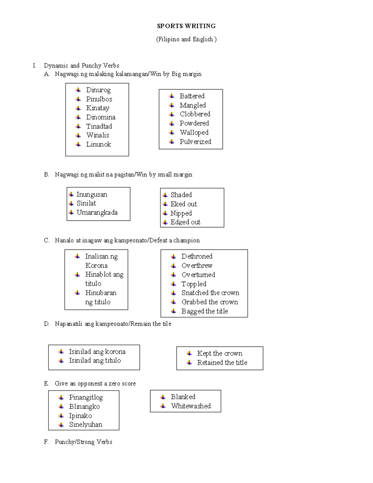 Sports Writing Handout for ENG 101: Dynamic Verbs & Lingo - Document Preview