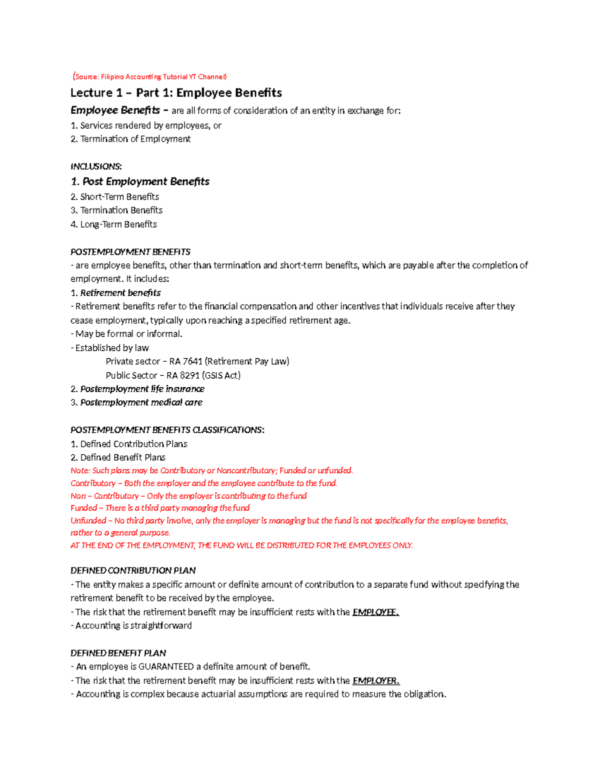 Employee Benefits - Summary BS Accountancy - (Source: Filipino ...