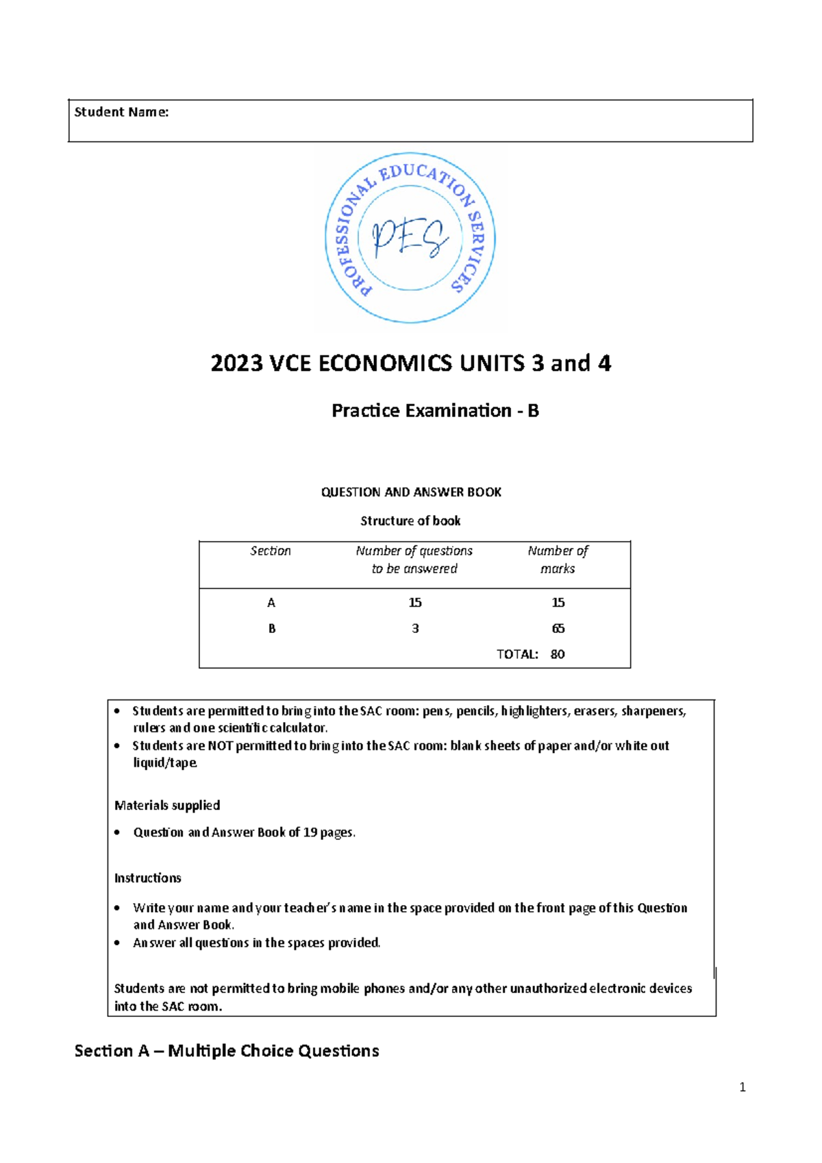 2023 VCE ECONOMICS UNITS 3 & 4 Practice Exam B - Q&A Book - Studocu
