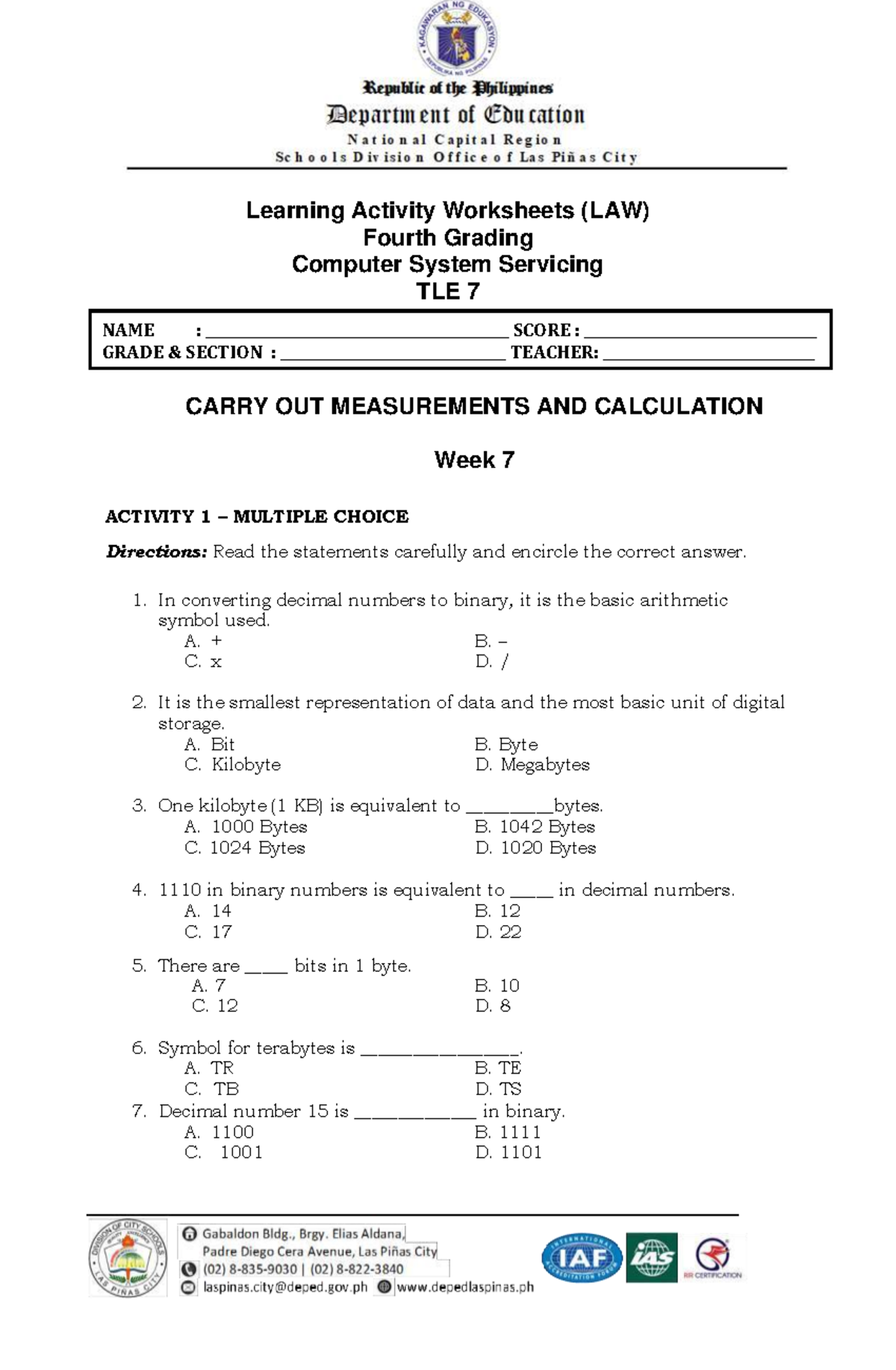 G7 TLE 7 Computer System Servicing Week 7 Learning Activity Worksheets ...