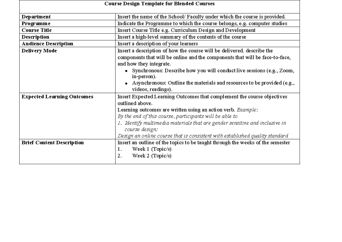 Course Design Template for Blended Courses - Course Design Template for ...