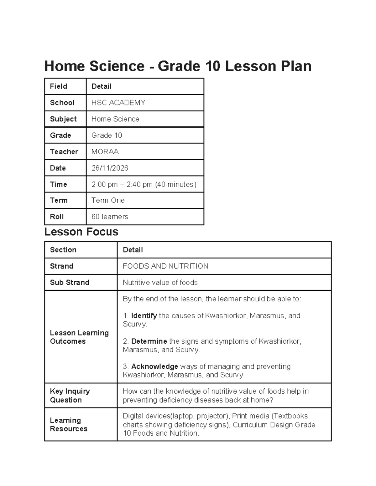 Home Science Grade 10 Lesson Plan: Nutritional Deficiencies Focus - Studocu