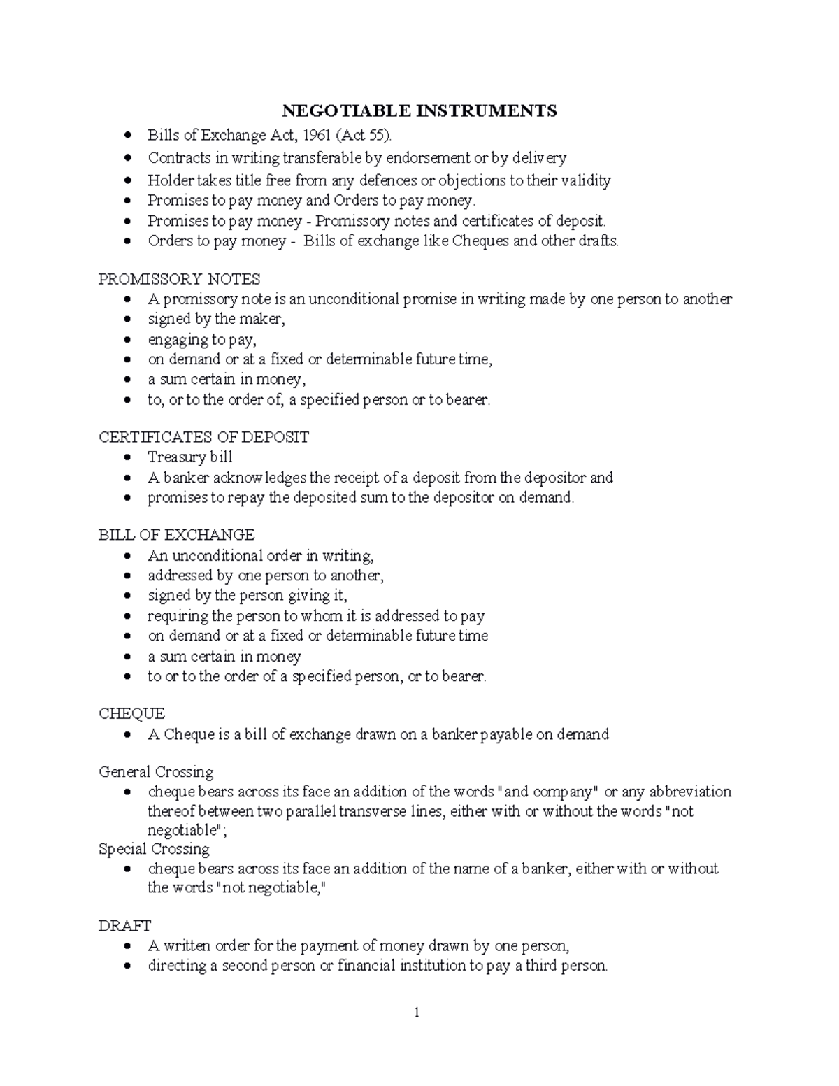 Negotiable Instruments Study Notes - 2020 (Bills of Exchange Act) - Studocu