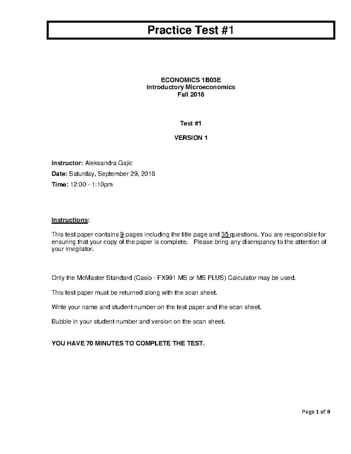 ECON 1B03E: Practice Test 1, Fall 2018, Questions and Instructions ...