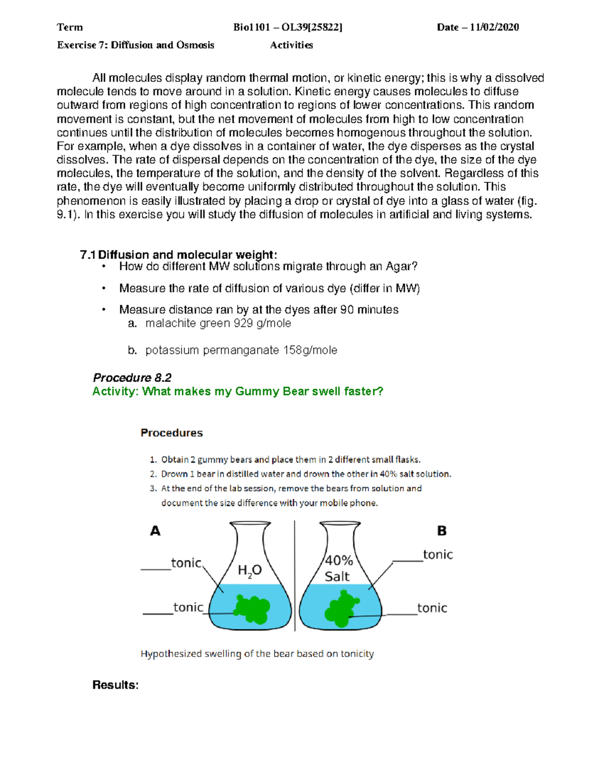 BIO 1101 - Lab 7: Understanding Diffusion and Osmosis Activities - Studocu
