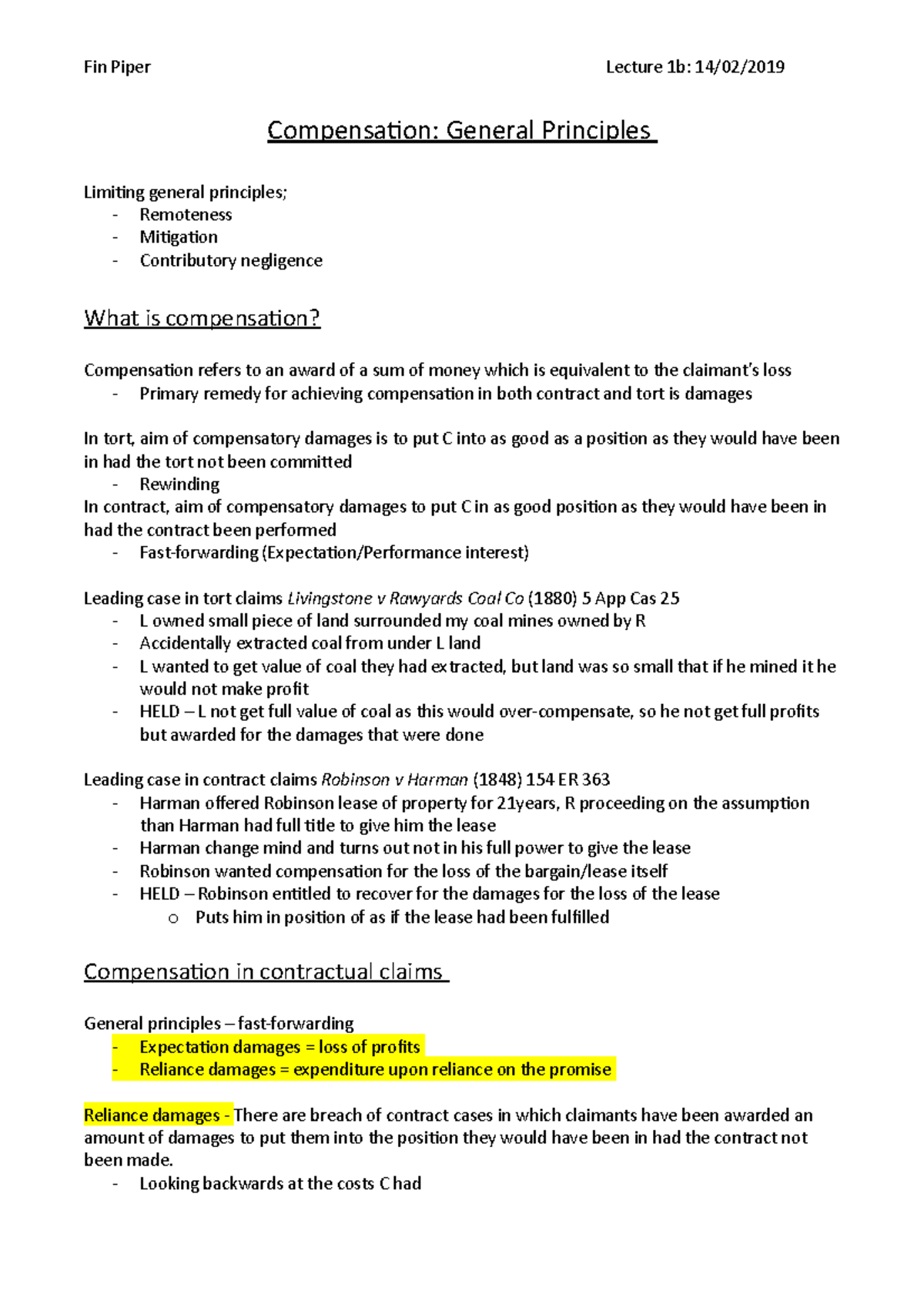 Lecture 1-2: Compensation Principles in Contract and Tort Law - Studocu