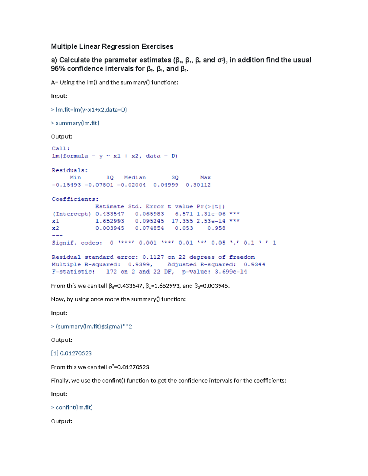 CS4407-01 Multiple Linear Regression Exercises and Confidence Intervals ...