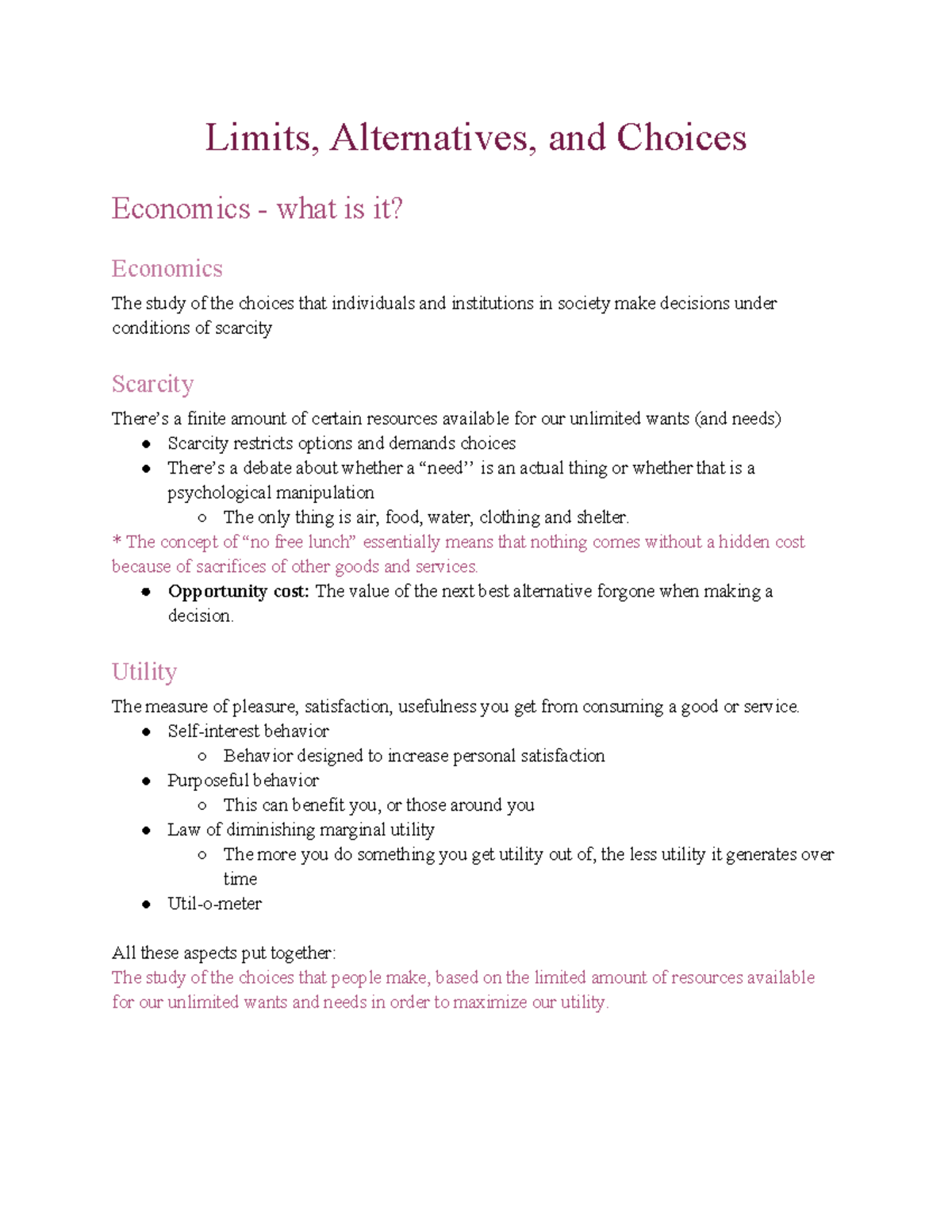Chapter 1 summary - Limits, Alternatives, and Choices Economics - what ...