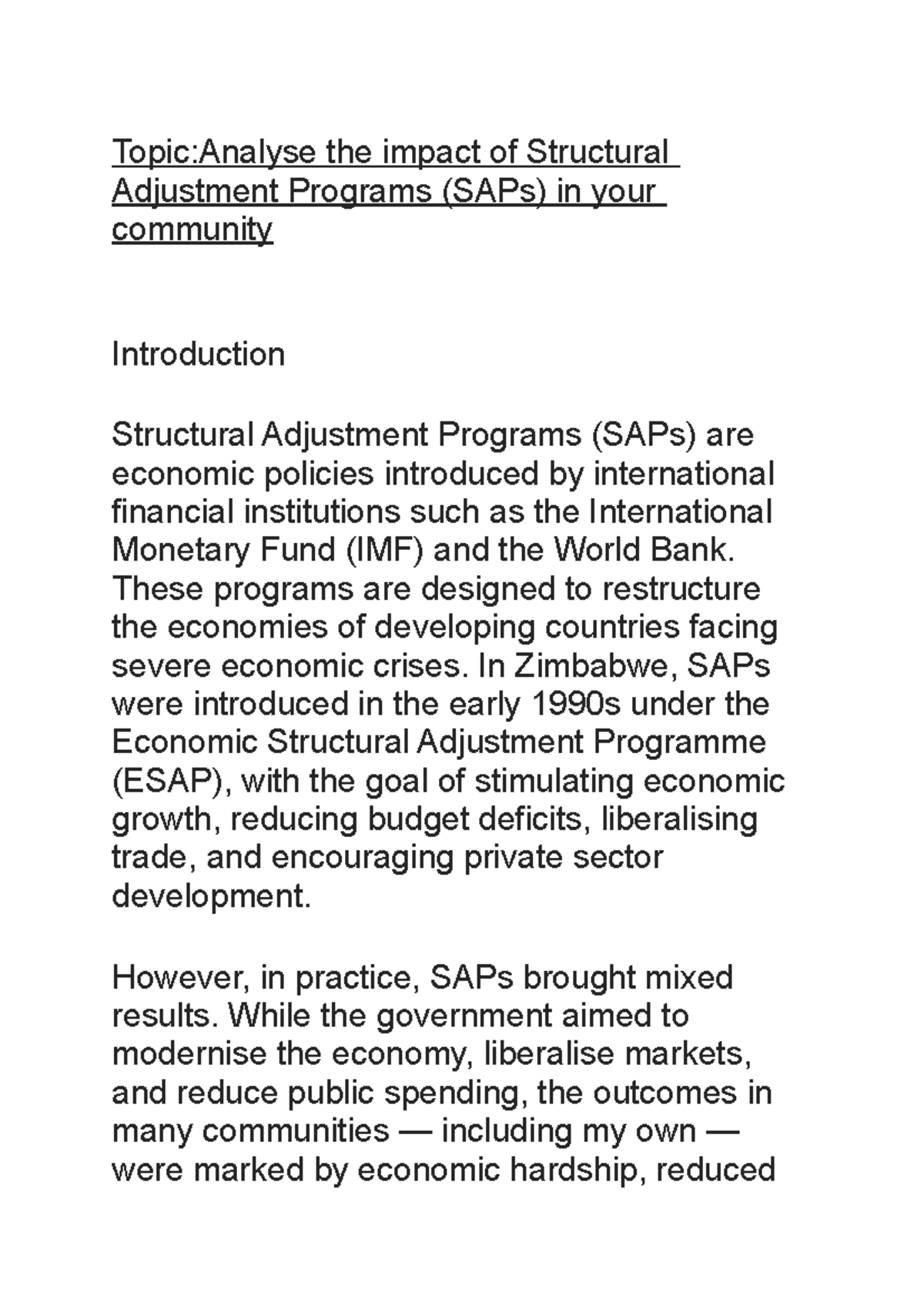 Impact of Structural Adjustment Programs (SAPs) in My Community ...
