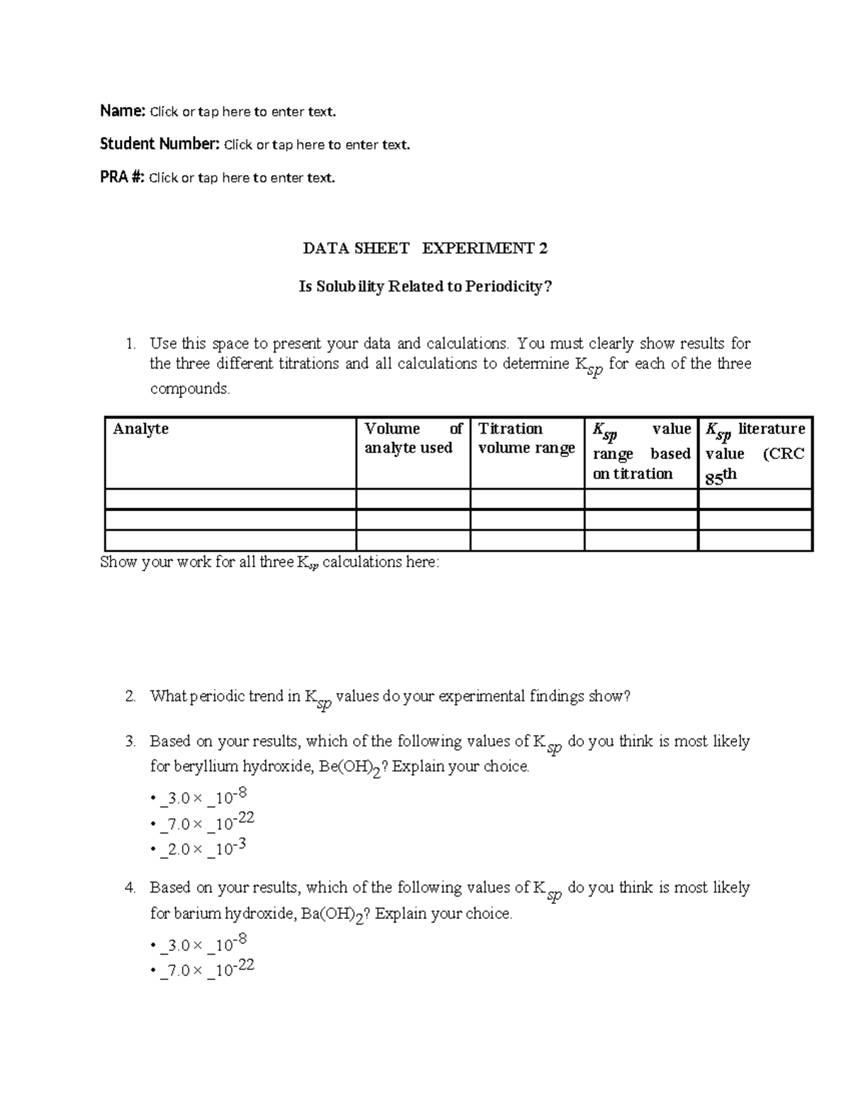 EXP. 2 Data Sheet: Solubility and Periodicity Analysis - Studocu