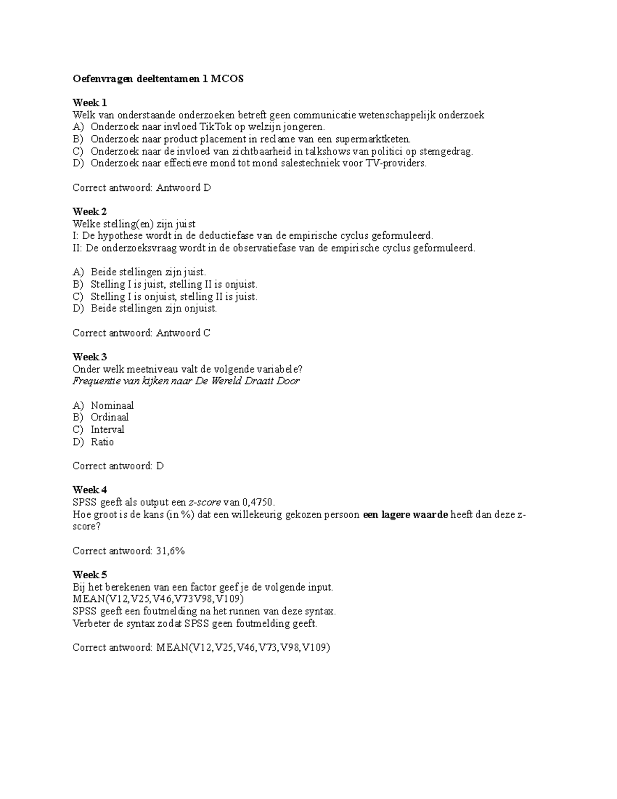 Oefenvragen Deeltentamen 1 MCOS - Week 1 tot 5 - Studeersnel