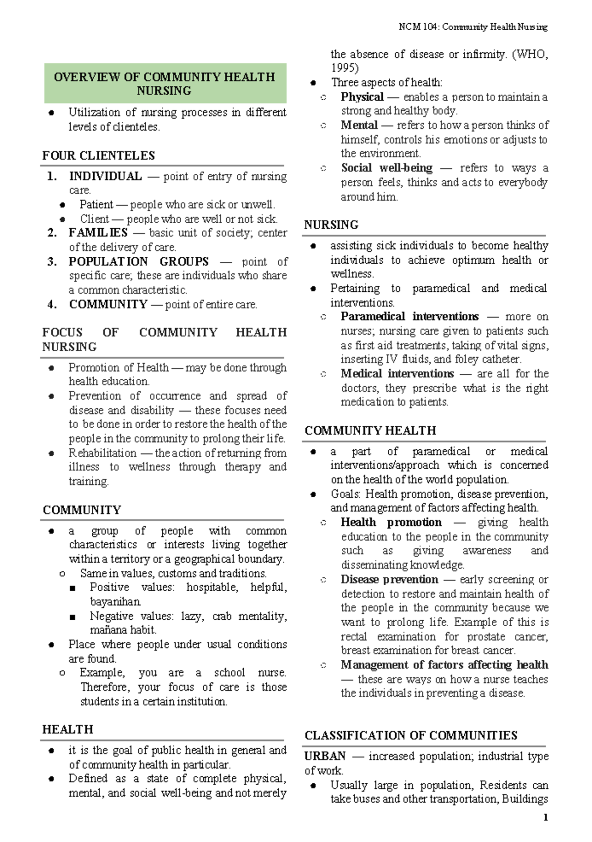 NCM 104: Community Health Nursing Overview and Key Concepts - Studocu