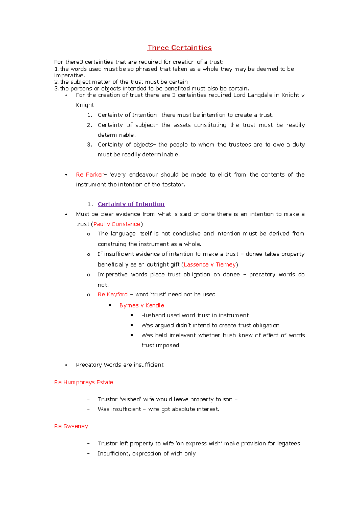 Final Exam Notes on the Three Certainties in Trust Creation - Studocu