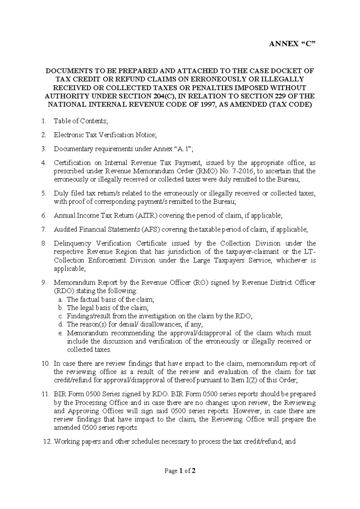 RMO 27 Annex C - Docket Attachments Section 204 - ANNEX “C” DOCUMENTS ...
