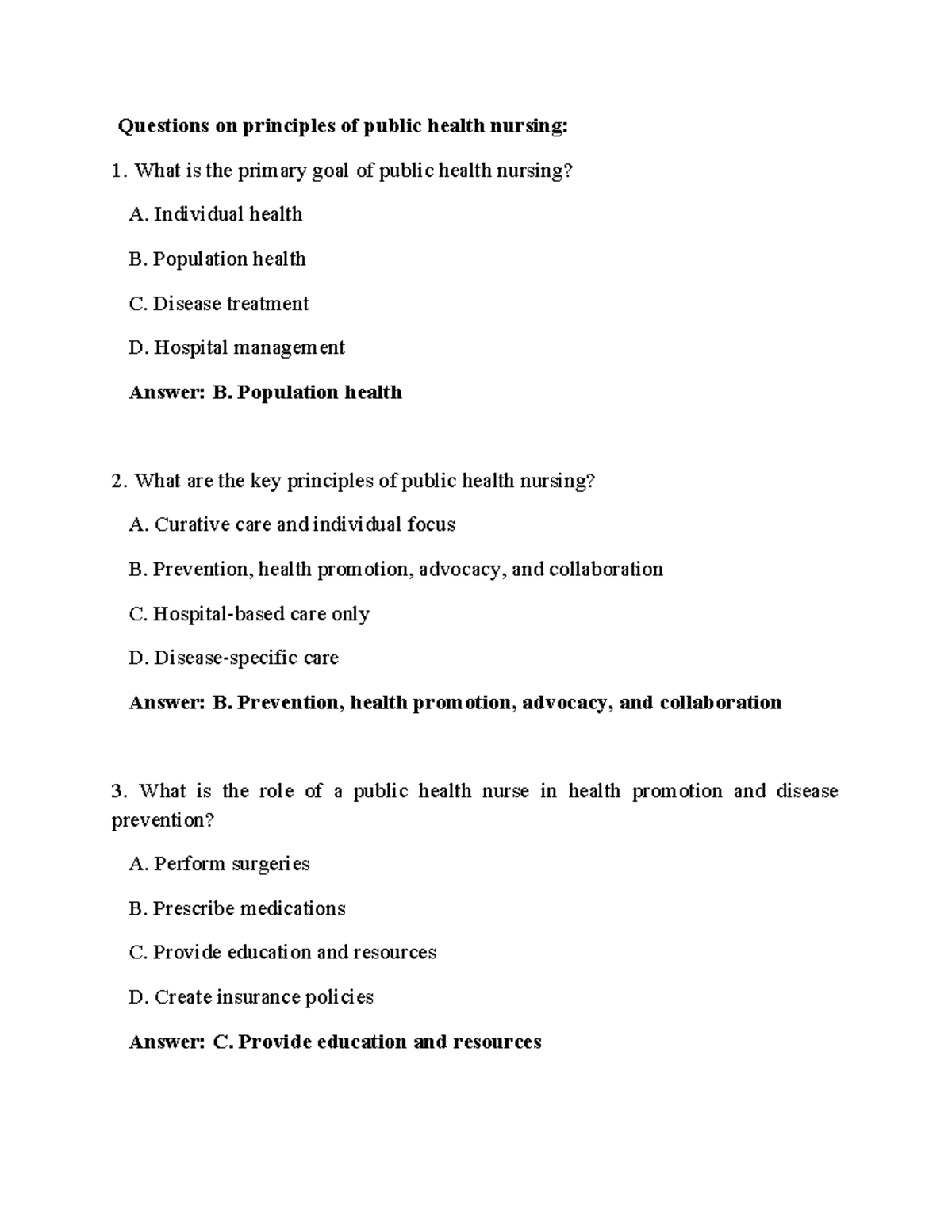 Questions on Principles of Public Health Nursing - PHN 101 - Studocu
