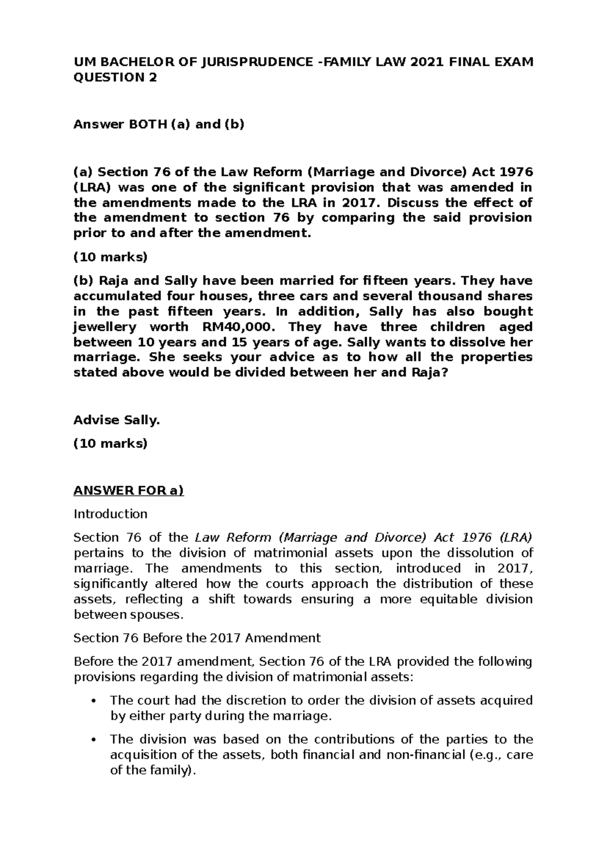 Family Law Final Exam - Analyzing Section 76 of LRA on Matrimonial ...