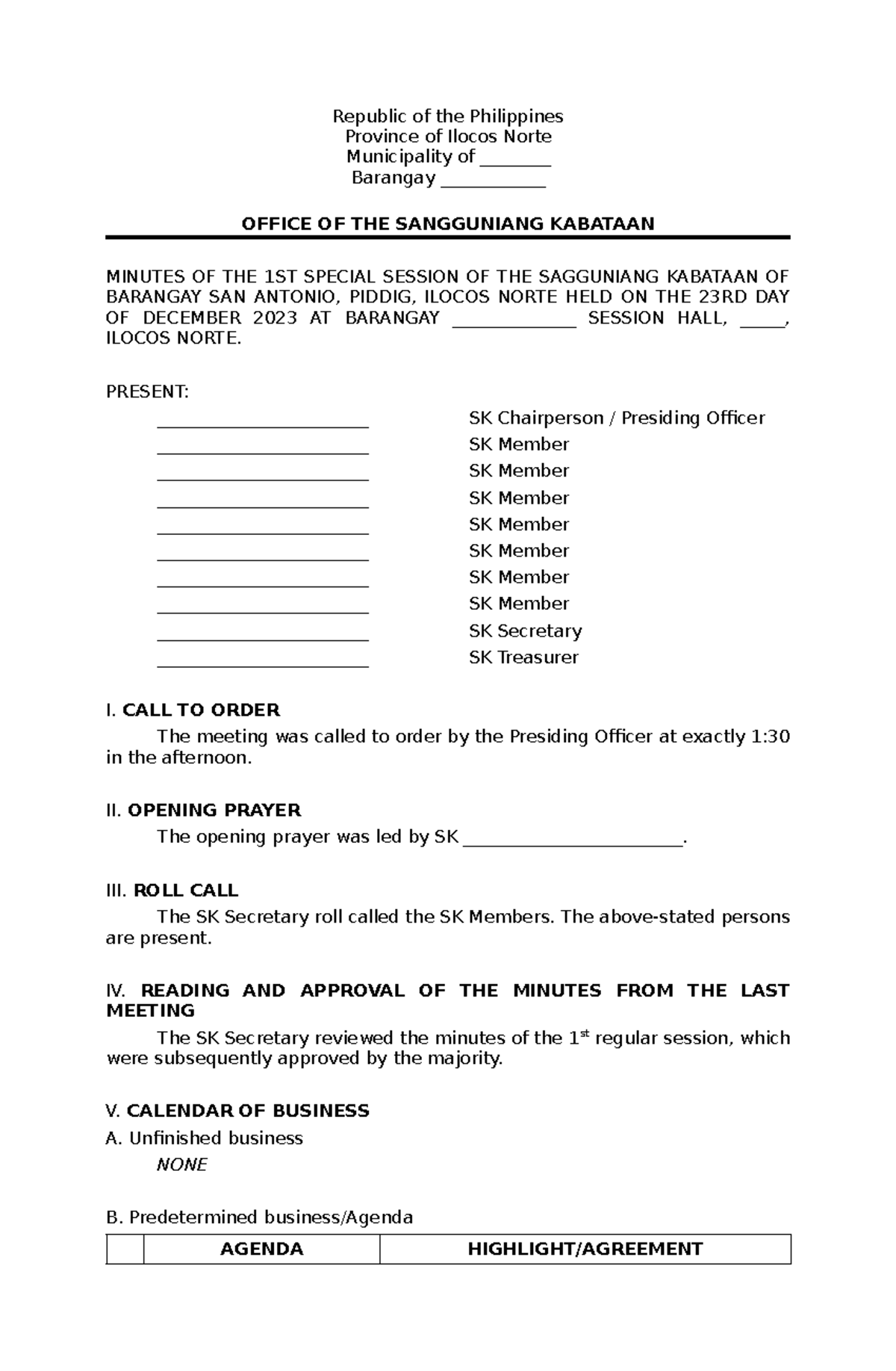 SK- Minutes of the 1st Special Session - Barangay San Antonio - Studocu