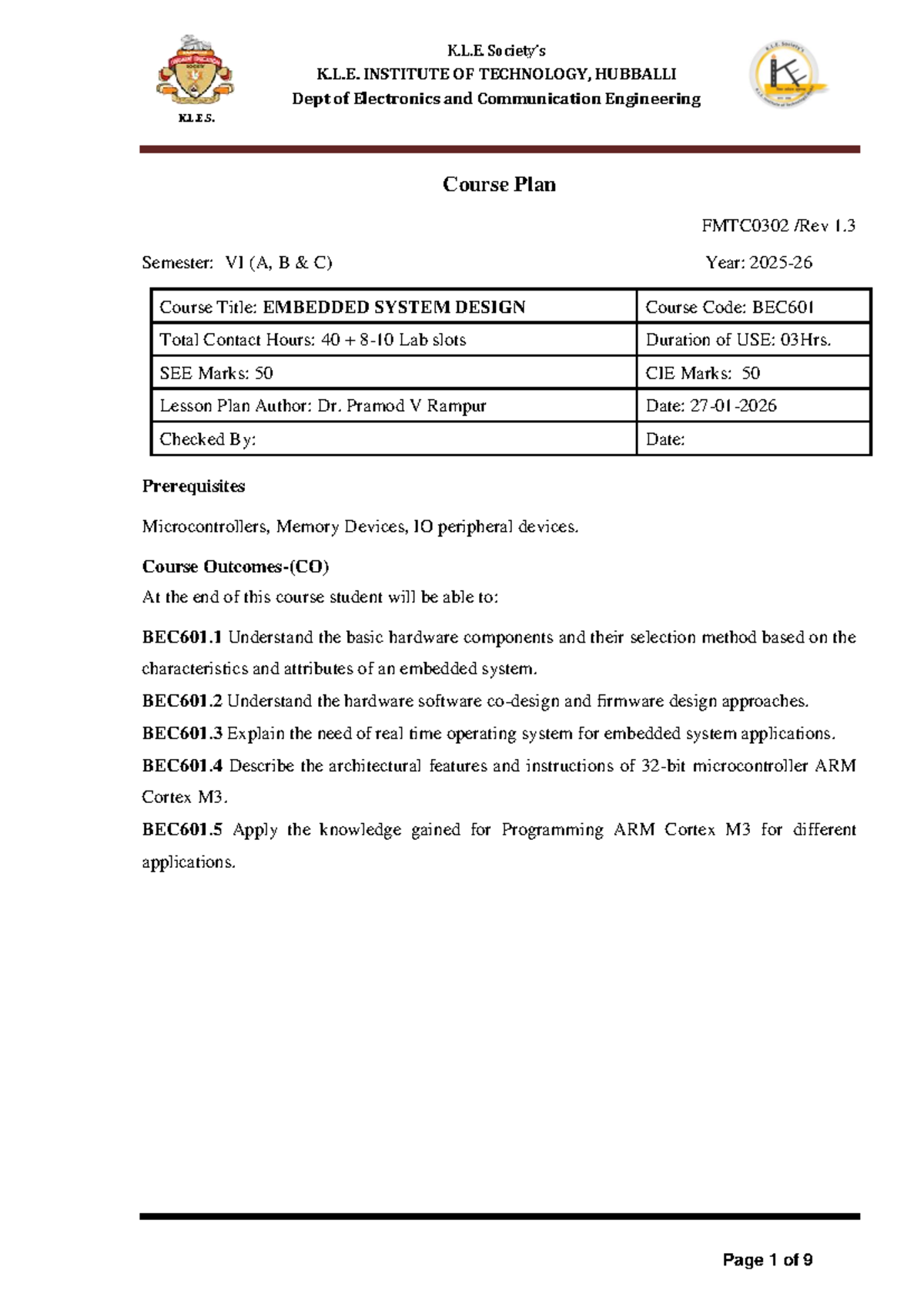 BEC601 Embedded System Design Lesson Plan for Semester VI - Studocu