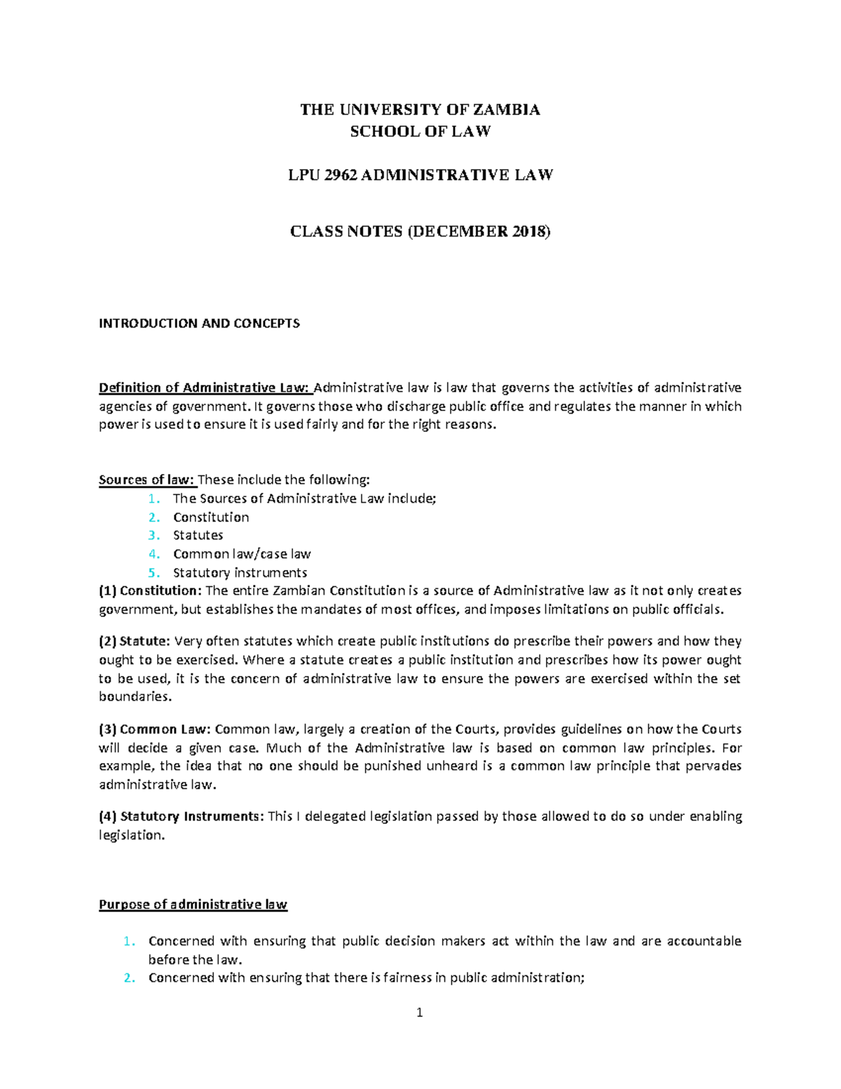 LPU 2962 Administrative Law Class Notes - December 2018 Insights - Studocu